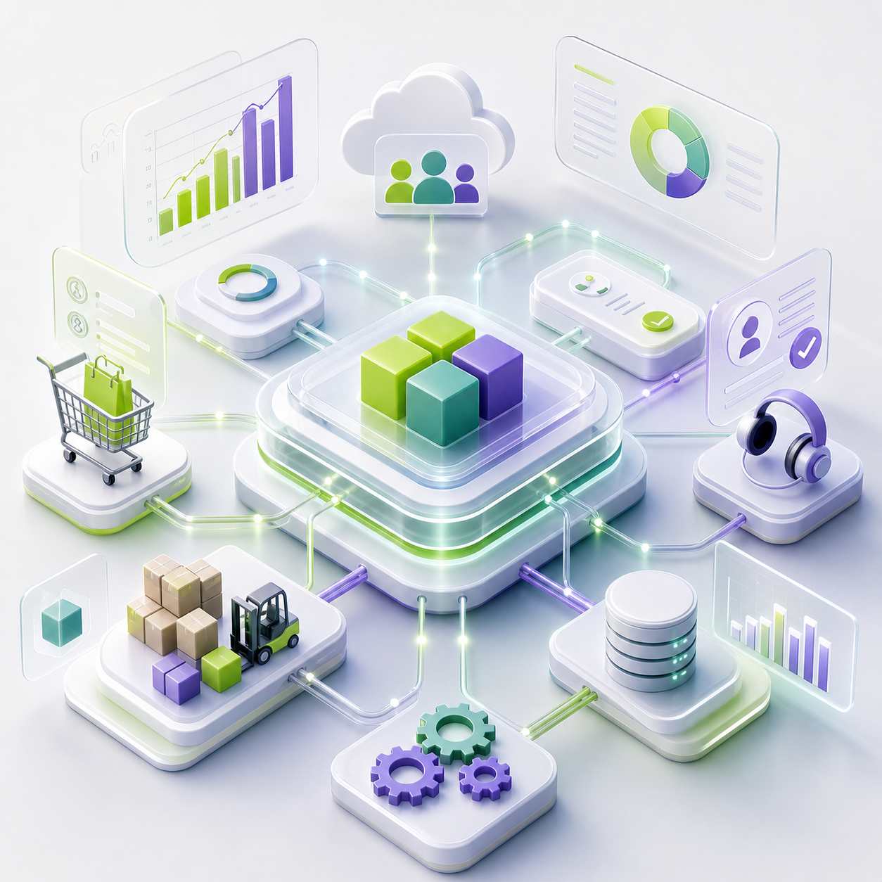 Απεικόνιση συνδεδεμένου οικοσυστήματος ERP, CRM, e-shop και reporting για επιχειρήσεις